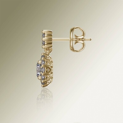 Yellow Gold Halo Round Cluster Drop Diamond Earrings