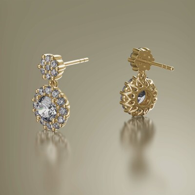 Yellow Gold Halo Round Cluster Drop Diamond Earrings