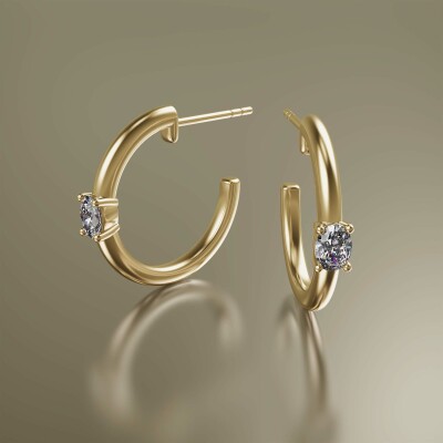 Yellow Gold Oval Claw Solitaire Diamond Hoops