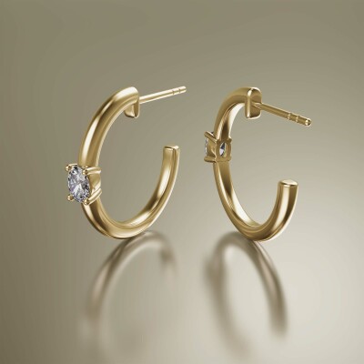 Yellow Gold Oval Claw Solitaire Diamond Hoops