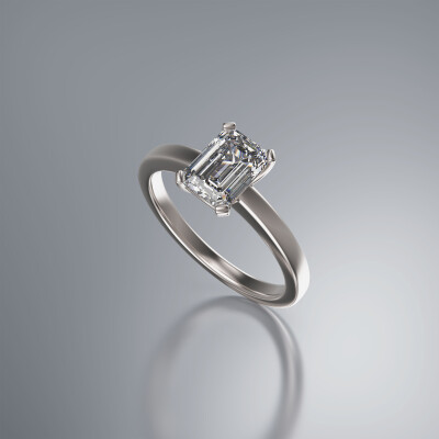White Gold 4-Claw Solitaire Emerald Cut Diamond Ring
