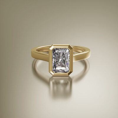 Yellow Gold Tube Solitaire Radiant Cut Diamond Ring