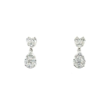 Boucles d'oreilles pendantes coeurs en or blanc et diamants