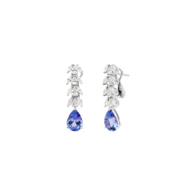 Boucles d'oreilles Sweety pendantes en or blanc, tanzanites poires et diamants poires