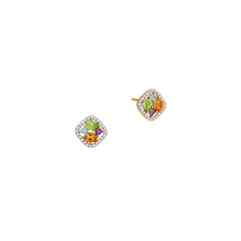 Boucles d'oreilles or jaune, diamants et pierres multicolores