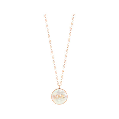 Collier Ginette NY Ever disc LOVE en or rose et nacre blanche