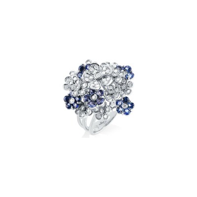 Bague Cesare Pompanon Primavera trembleuse en or blanc, diamants et saphirs bleus, grand modèle