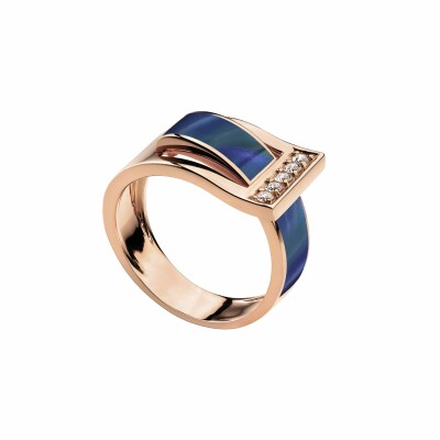 Bague Clozeau DÉFERLANTE en or rose, résine nacrée bleu de prusse et diamants