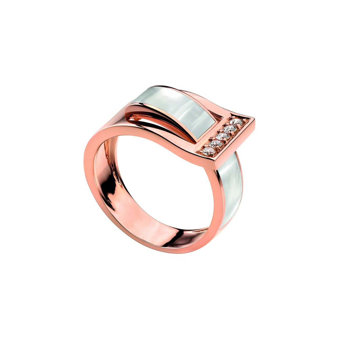 Bague Clozeau DÉFERLANTE en or rose, résine blanc nacré et diamants