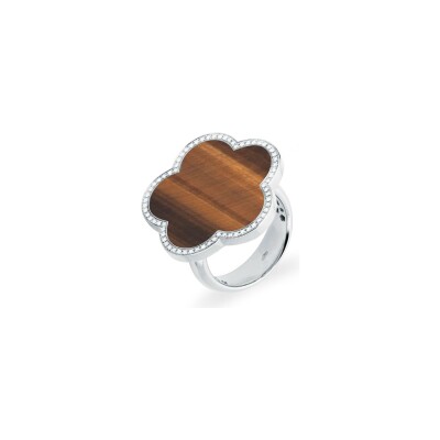 Bague Cesare Pompanon Fiore di Mamma XL en or blanc, diamants et oeil de tigre