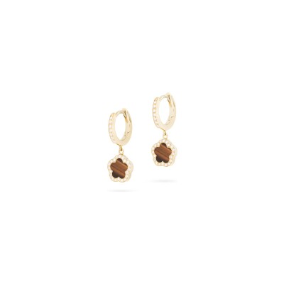 Boucles d'oreilles Mini Créoles Cesare Pompanon Fiore di Mamma en or jaune, diamants et oeil de tigre, petit modèle