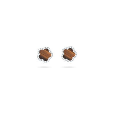 Boucles d'oreilles Puces Cesare Pompanon Fiore di Mamma en or blanc, diamants et oeil de tigre, petit modèle