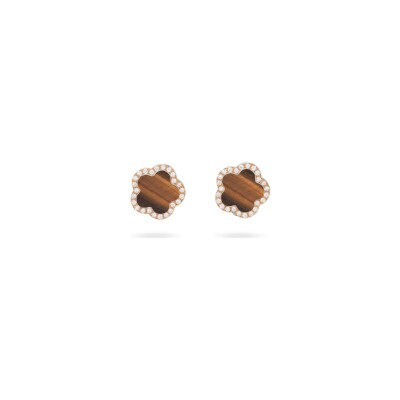 Boucles d'oreilles Puces Cesare Pompanon Fiore di Mamma en or rose, diamants et oeil de tigre, petit modèle