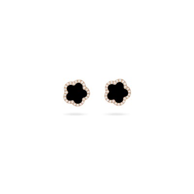 Boucles d'oreilles Puces Cesare Pompanon Fiore di Mamma en or rose, diamants et onyx, petit modèle