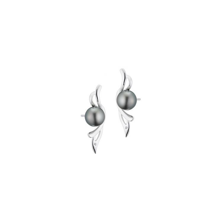 Boucles d'oreilles Iza B Flore en argent, perle de Tahiti et diamants