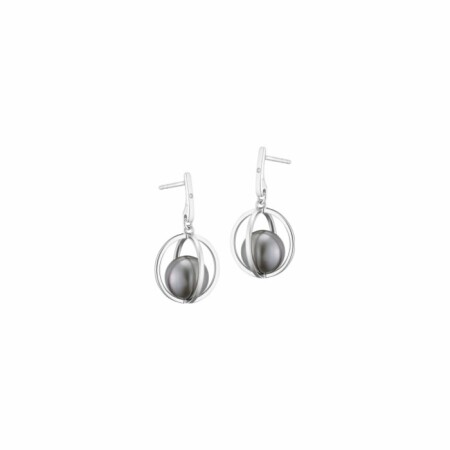 Boucles d'oreilles pendantes Iza B Ondine en argent rhodié, diamants et perles de Tahiti de 9-10mm