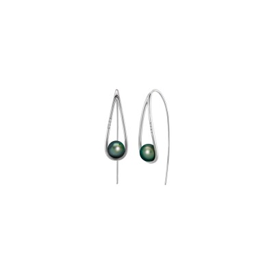 Boucles d'oreilles pendantes Iza B Ondine en argent, perle de Tahiti et diamants