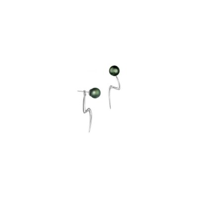 Boucles d'oreilles Earjacket Iza B Lagune en argent rhodié, diamants et perles de Tahiti