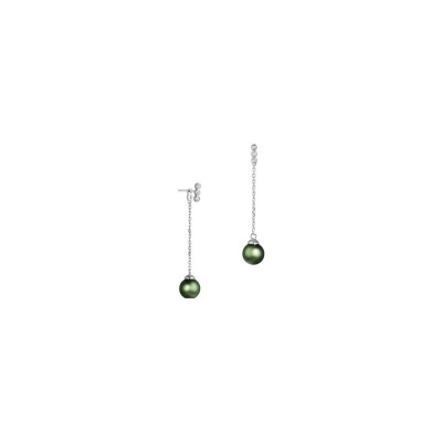 Boucles d'oreilles pendantes Iza B Epure en argent, perle de Tahiti et diamants