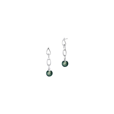 Boucles d'oreilles pendantes Iza B Flore en argent rhodié, perles de Tahiti et diamants