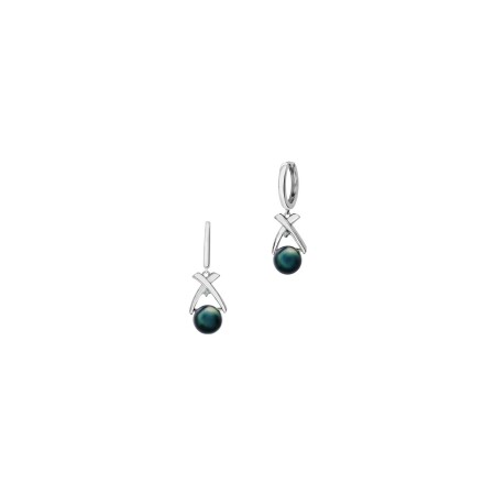 Boucles d'oreilles créoles Iza B en argent, perle de Tahiti et diamants