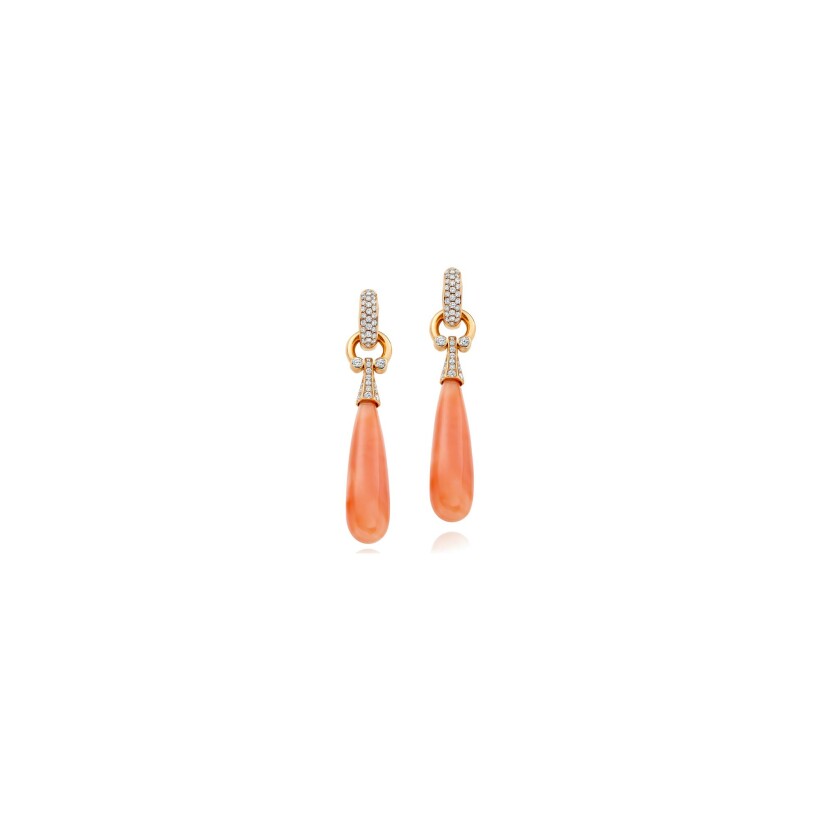 Fibula earrings, pink gold, diamonds and coral