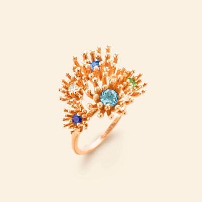 Bague Mellerio Le Petit Cactus bleu en or rose, saphirs, topaze, tsavorite et diamant