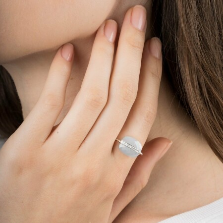 Bague Morganne Bello Aurore en or blanc, Coussin pierre de lune grise et diamants