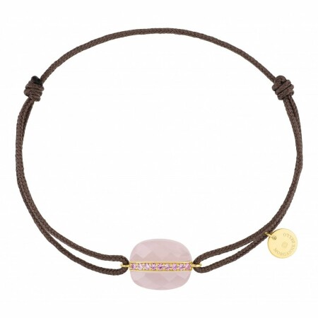 Bracelet Morganne Bello Aurore Coussin en cordon taupe, or jaune, quartz rose milky et saphirs roses