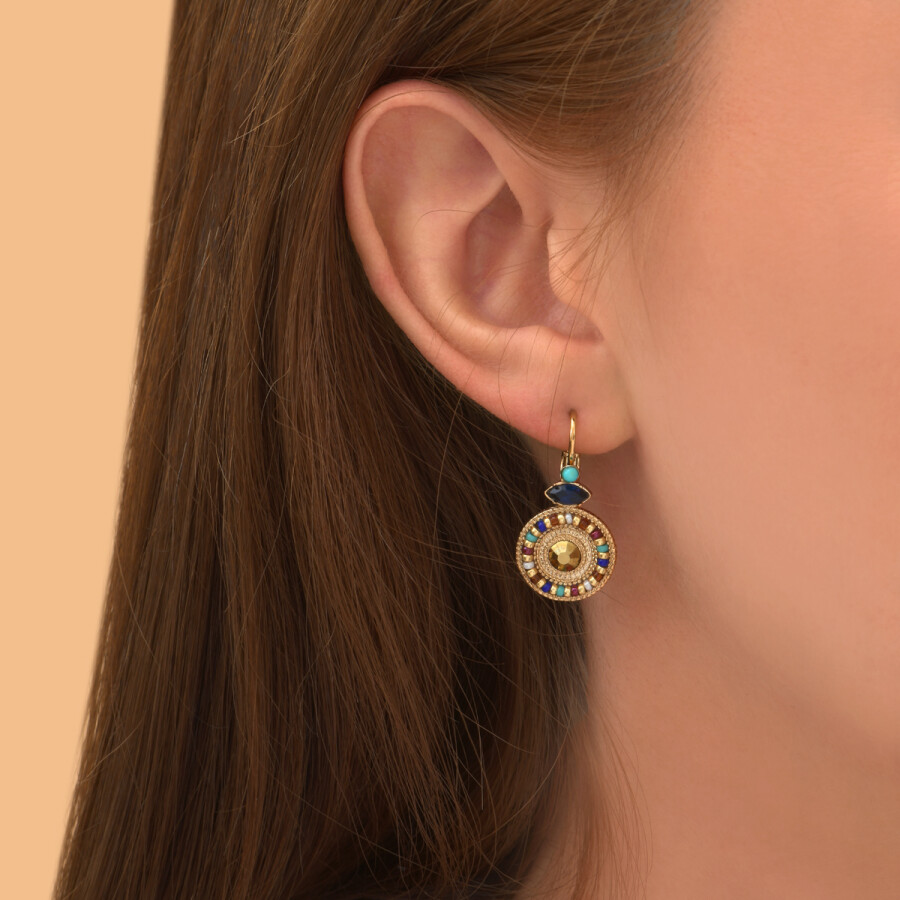 Boucles d'oreilles dormeuses Satellite Fujita en plaqué or, cristal, perle du japon et turquoise