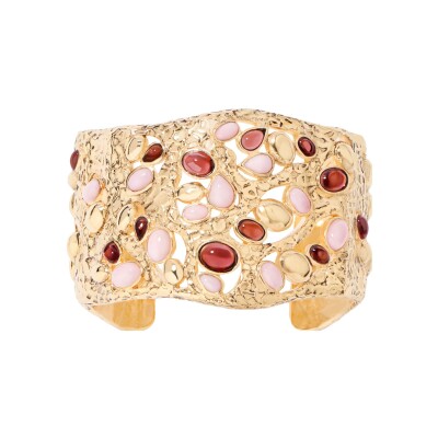 Bracelet Manchette Aurélie Bidermann Atalide en laiton plaqué or, opale rose et grenat