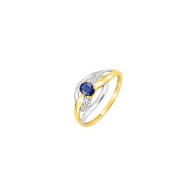 Bague en or jaune, or blanc, saphir et oxydes de zirconium