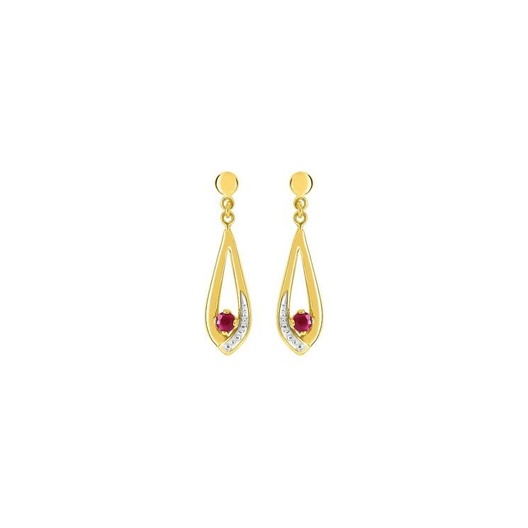 Boucles d'oreilles pendantes en or jaune, or blanc et rubis