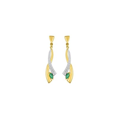 Boucles d'oreilles pendantes en or jaune rhodié et émeraudes