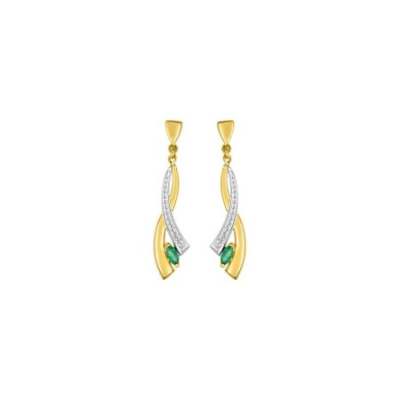 Boucles d'oreilles pendantes en or jaune rhodié et émeraudes