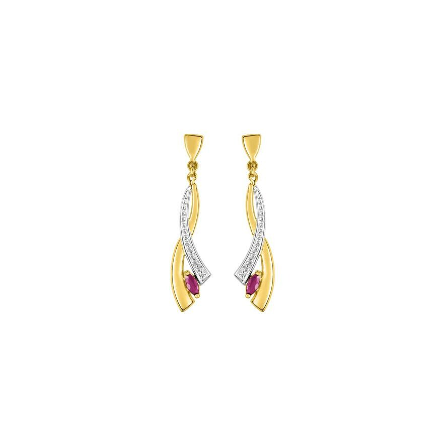 Boucles d'oreilles pendantes en or jaune rhodié et rubis