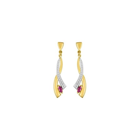 Boucles d'oreilles pendantes en or jaune rhodié et rubis