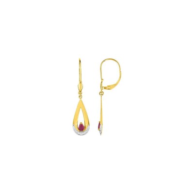 Boucles d'oreilles dormeuses illusion en or jaune, or blanc et rubis