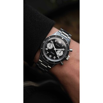 Montre Hanhart 1882  Reverse Panda, 39 mm, bracelet cuir noir, taille M