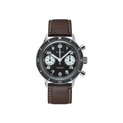 Montre Hanhart 1882  Reverse Panda, 39 mm, bracelet cuir marron foncé, taille M