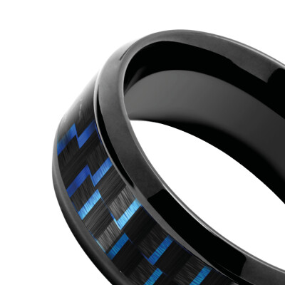 Bague Rochet Mercury en acier PVD noir et carbone fil bleu 8mm, taille 62