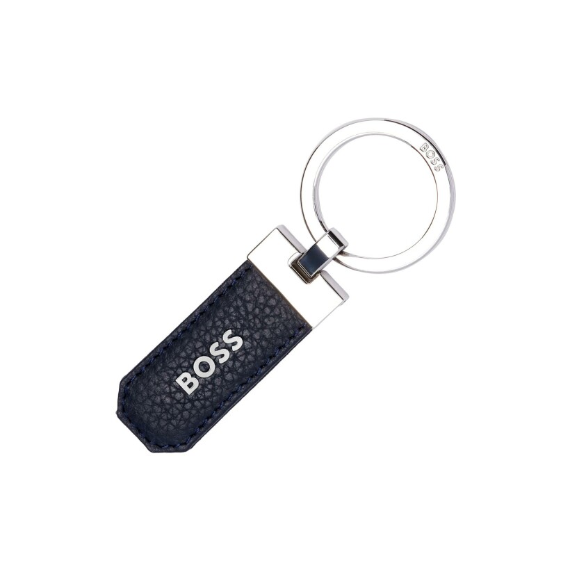 Porte clefs Boss en métal chromé et cuir bleu marine