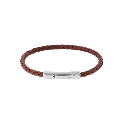 Bracelet Rochet DRIVER 3.5mm en acier satiné et cuir tréssé bordeaux, taille 20.5cm