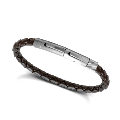 Bracelet Rochet Driver en acier brossé et cuir marron