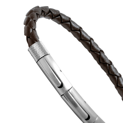 Bracelet Rochet Driver en acier brossé et cuir marron