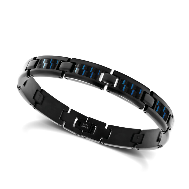 Bracelet Rochet Mercury en acier noir et carbone fil bleu, 21.5cm