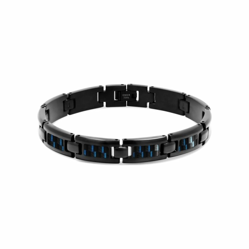 Bracelet Rochet Mercury en acier noir et carbone fil bleu, 21.5cm