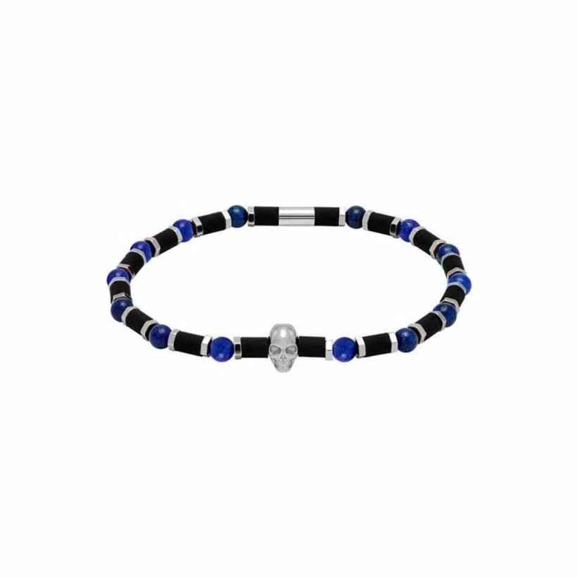 Bracelet Rochet Skull en acier, silicone et lapis lazuli