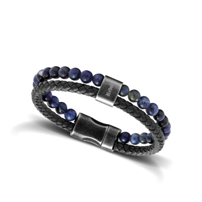 Bracelet Rochet Karma marine en acier vintage, cuir tressé noir et lapis lazuli, 22cm