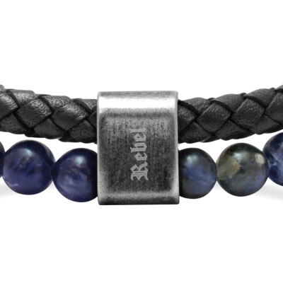 Bracelet Rochet Karma marine en acier vintage, cuir tressé noir et lapis lazuli, 22cm